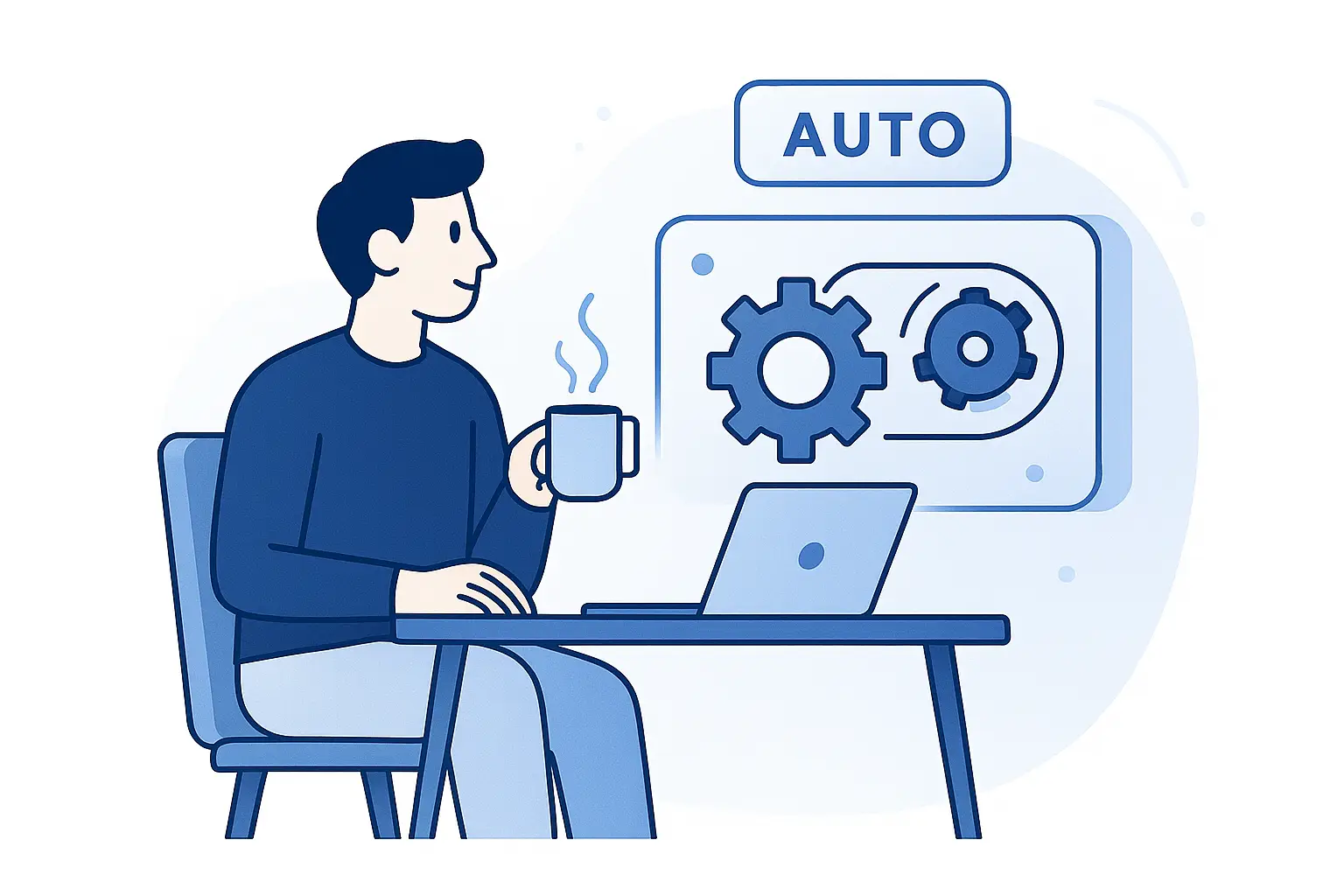 Illustration 2D d’un entrepreneur relaxant avec un café pendant qu’une machine automatisée travaille en arrière-plan.