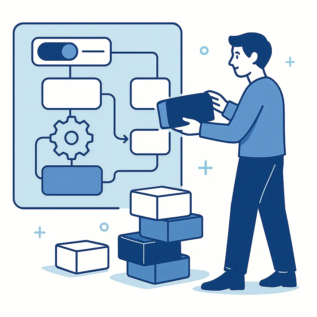 Illustration 2D d’un personnage minimaliste qui place un module dans un workflow personnalisé pour symboliser la flexibilité des automatisations Autiva.