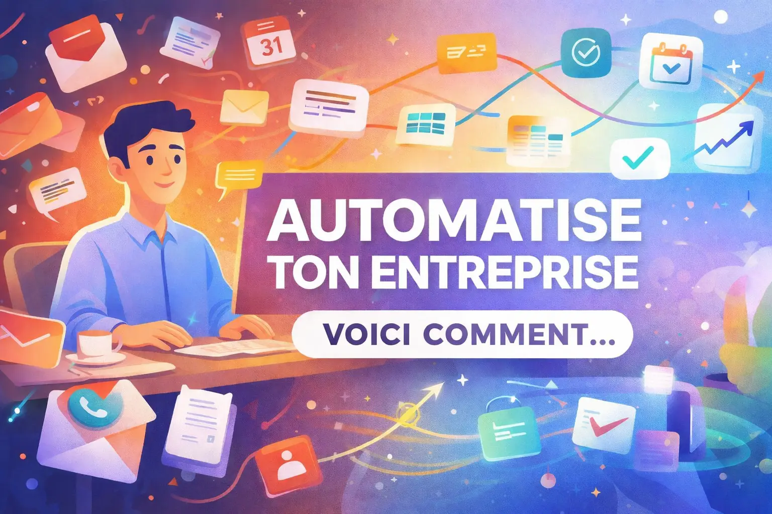 Illustration montrant l’automatisation des processus d’entreprise avec des outils numériques et des workflows connectés